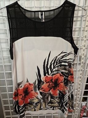 Floral Mesh Yoke Sleeveless Top - Black/White with Coral Flowers, Rendervous, M